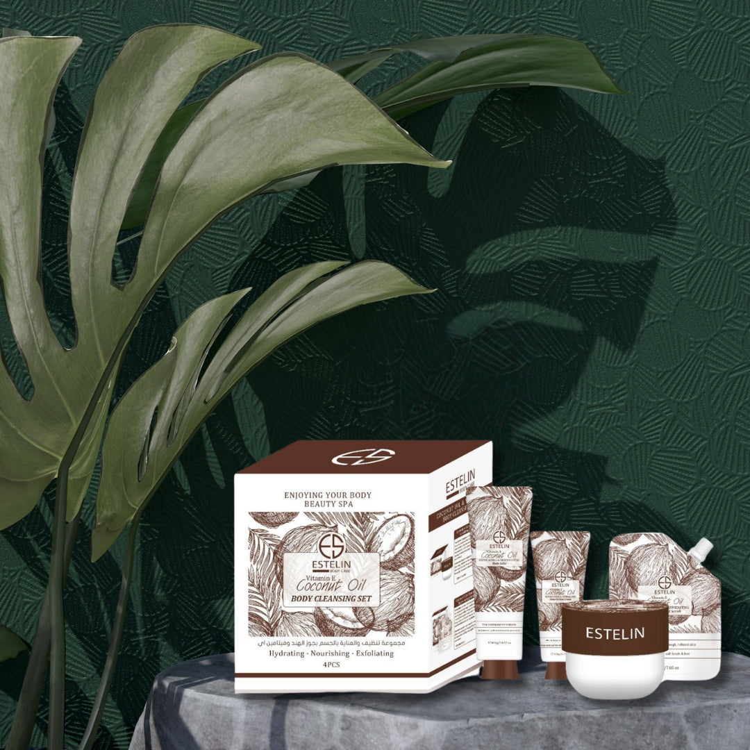 eطقم من 4 قطع لتنظيف الجسم من زيت جوز الهند من فيتامين - ALMAS