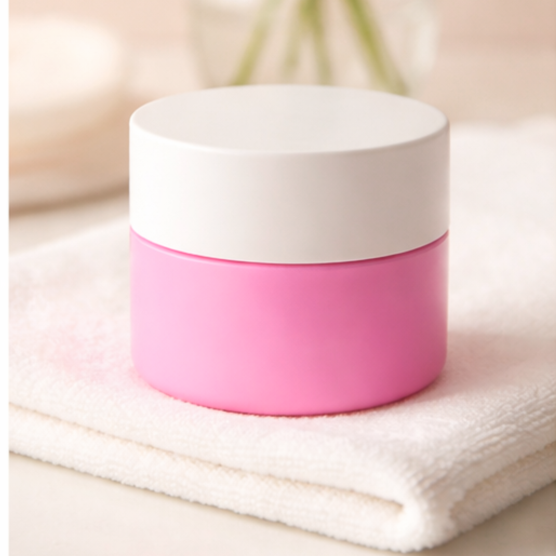 زبدة البكيني للعناية بالمناطق الحساسة في علبة وردية على منشفة بيضاء