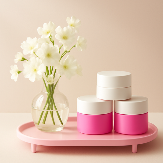 زبدة البكيني للعناية بالمناطق الحساسة مع زهور بيضاء في مزهرية على طبق وردي.