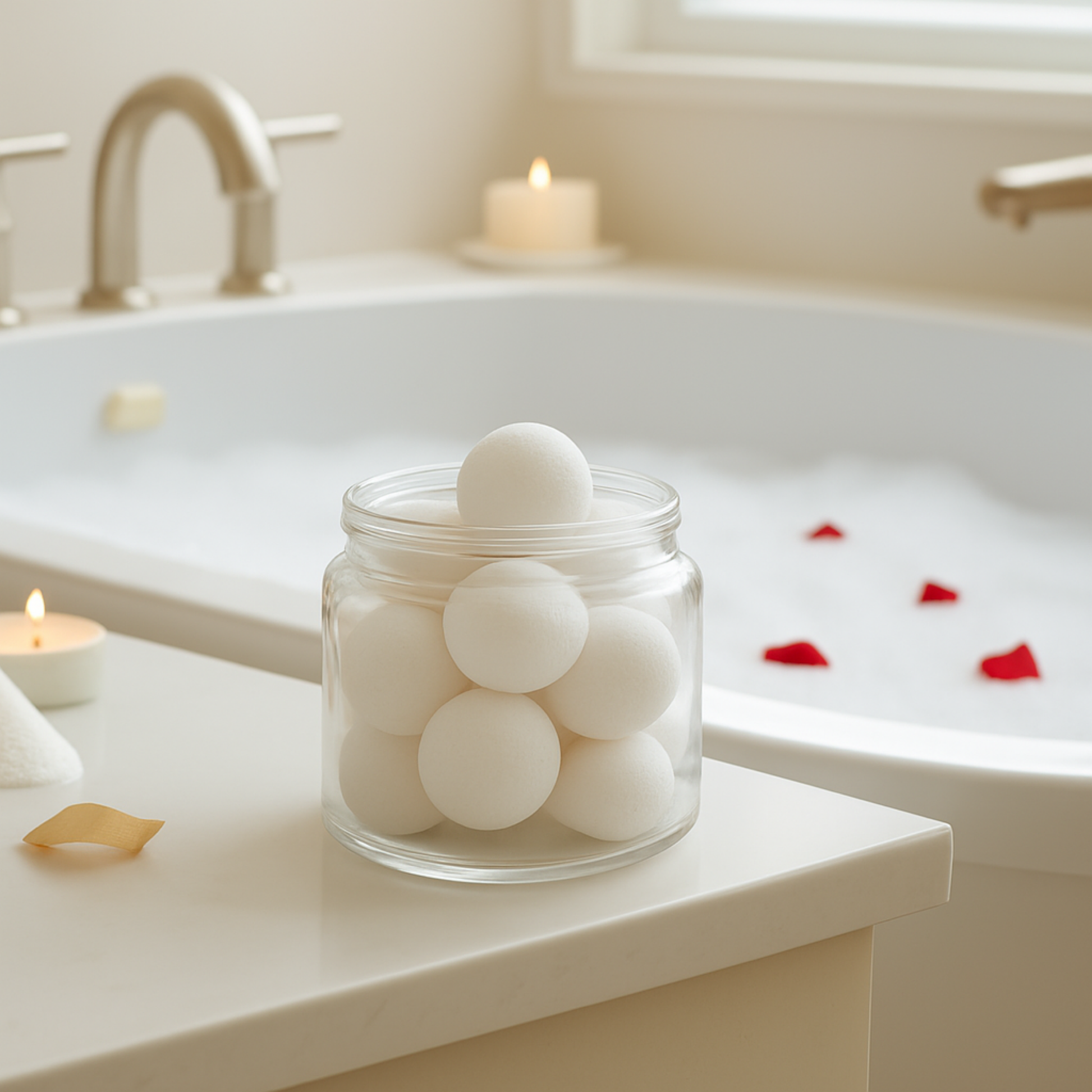 سكراب الحلزون الأبيض بجوار حوض الاستحمام مع شموع وبتلات الورد.