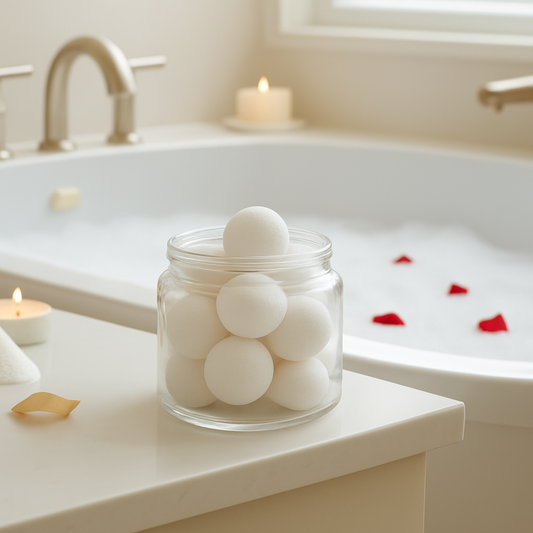 سكراب الحلزون الأبيض بجوار حوض الاستحمام مع شموع وبتلات الورد.